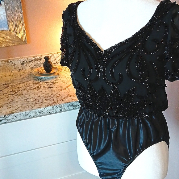 Vintage Black Silk Beaded Bodysuit size 6 by A.J.Bari - Picture 2 of 10